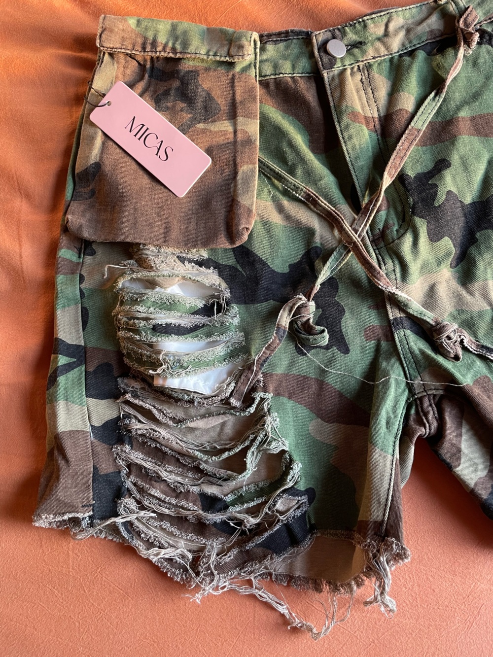 MICAS Green Camo Distressed Jean Shorts - Picture 2 of 5